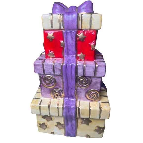 Christmas Cookie Jar - Stack‎ of 3 Presents with Bow - Whimsy fairy Cottagecore - Picture 1 of 8